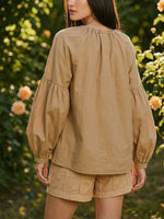 Women Khaki Drawstring Neck Puff Sleeve Blouse