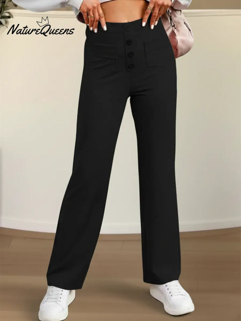 Women's Casual High-waisted Button Elastic Straight Leg Pants