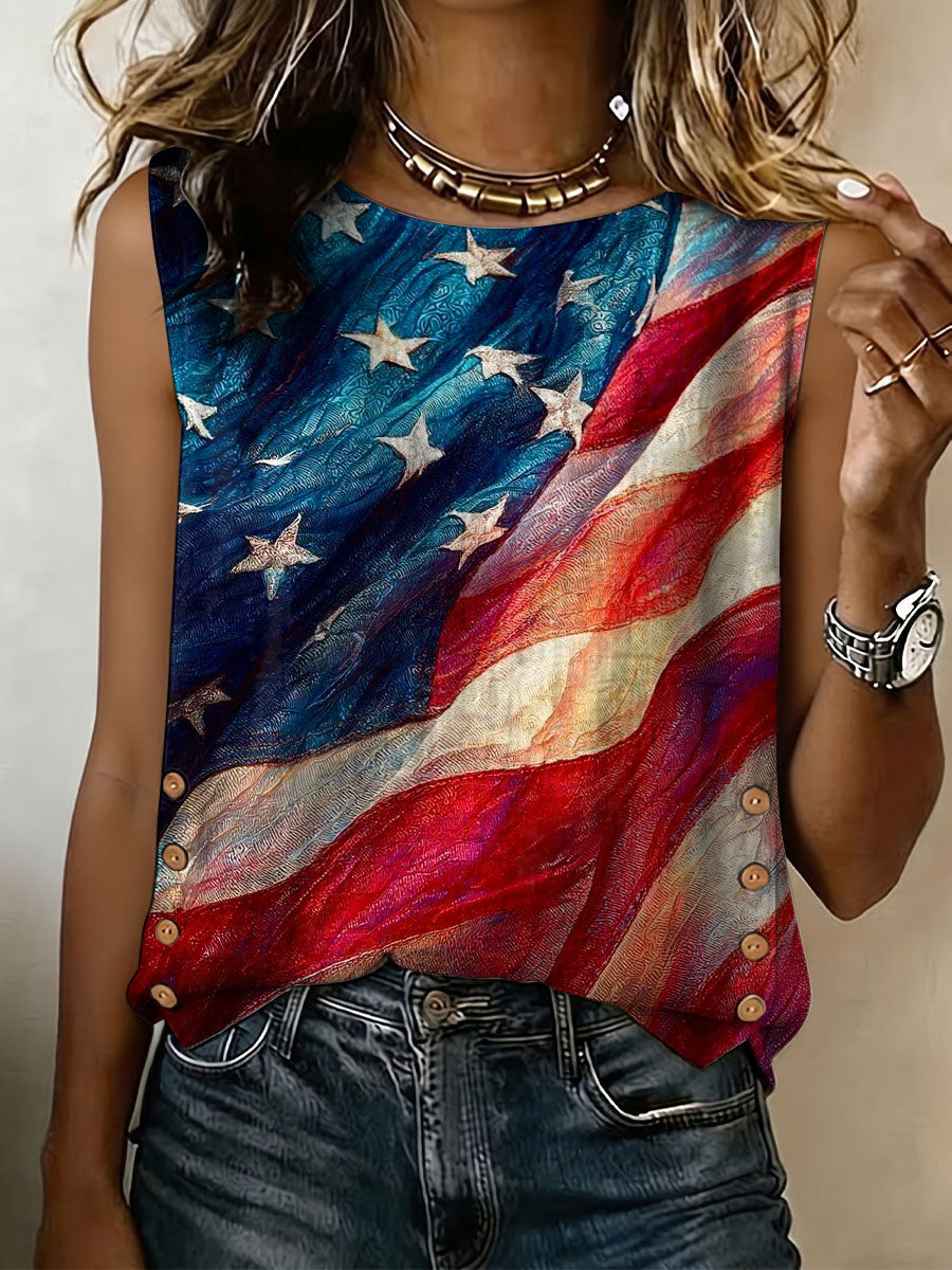 Independence Day American Flag Decorative Pattern Women's No Sleeve Cotton Shirt