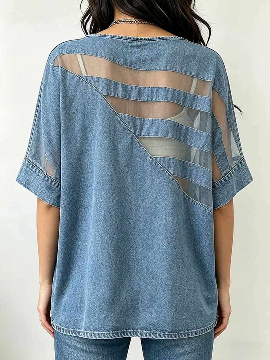 Stylish Casual Spliced organza And Denim Top