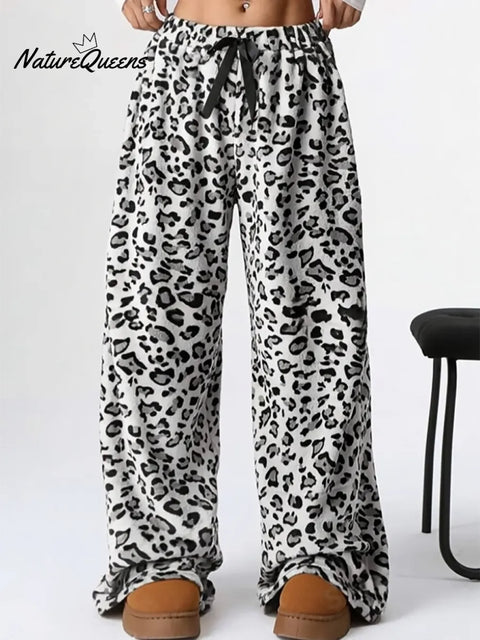 Comfortable Leopard Print Coral Fleece Loose-fitting Trousers
