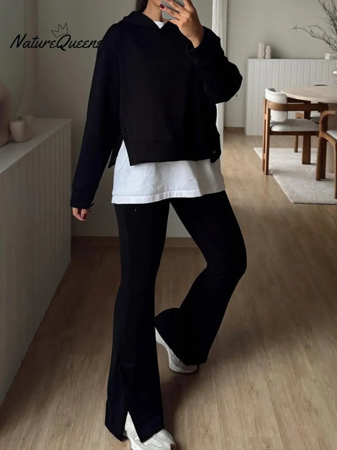 Women's Casual Cotton Hooded Sweatshirt And Pants Two-piece Set