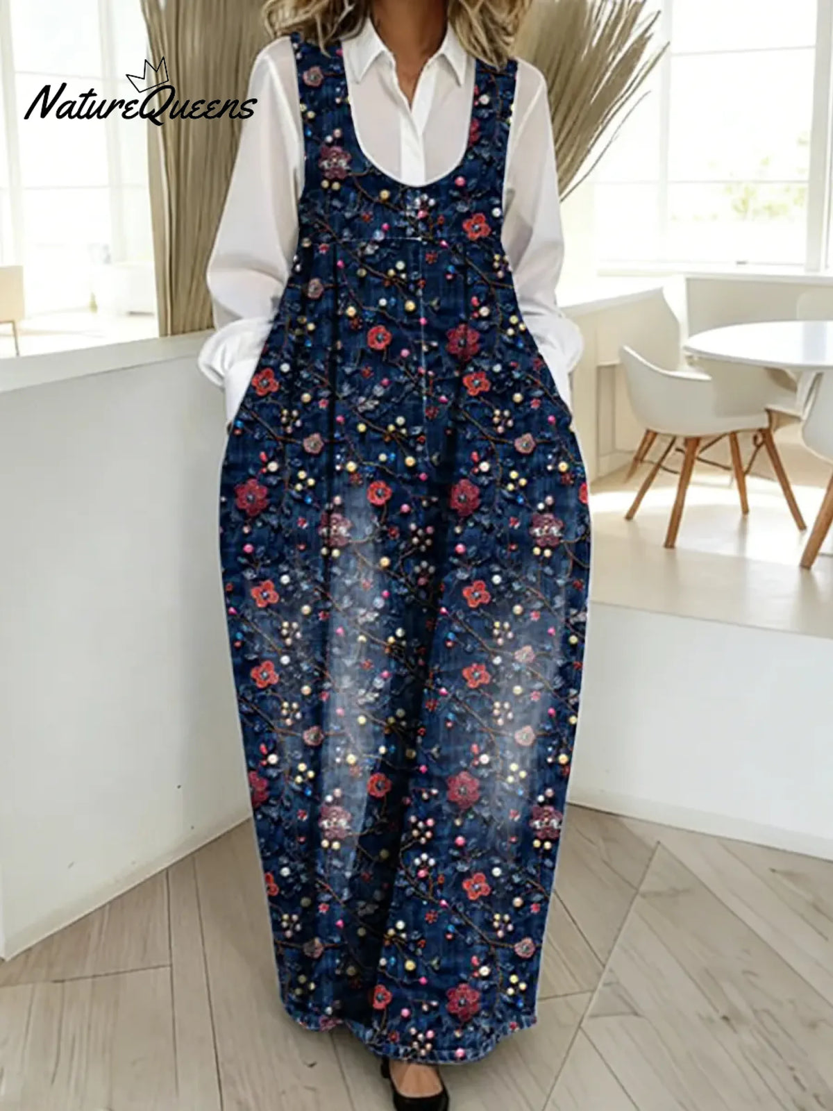 Women's Vintage Flower Pattern Art Print Casual Cotton Denim Dress