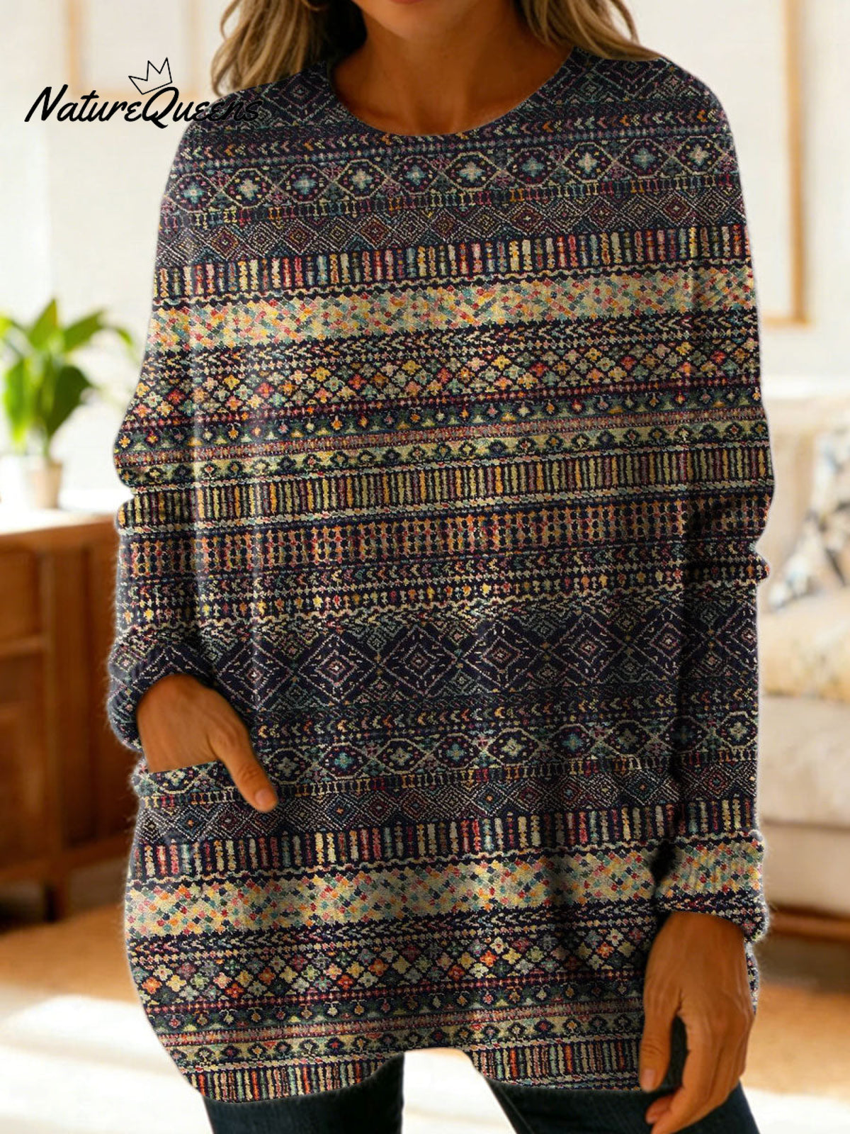 Women's Retro Abstract Pattern Art Print Casual Cotton Knitted Sweater