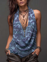 Women's Cowl-neck Sleeveless Camouflage-print Mesh Top — Casual & Loose Fit