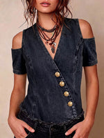 Women's V-neck Short-sleeve Slim-fit Casual Denim Top