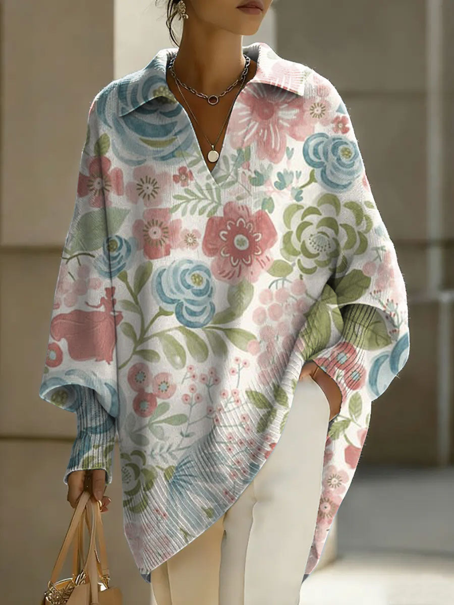 Women's Flowers Floral Patterns V-neck Long-sleeved Casual Loose-fitting Knitted Pullover Sweater