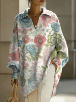 Women's Flowers Floral Patterns V-neck Long-sleeved Casual Loose-fitting Knitted Pullover Sweater