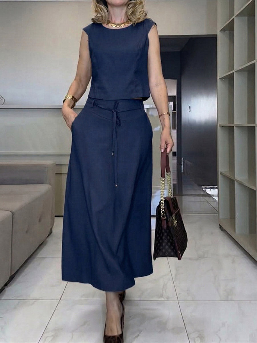 Women's Solid-color Cotton-linen Set: Round-neck Sleeveless Loose-fit Top & High-waisted Loose-fit Skirt