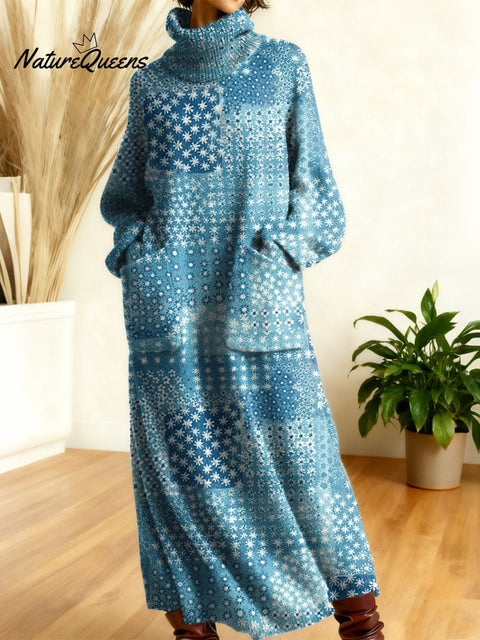 Women's Retro Flowers High-neck Long-sleeve Casual Loose Knit Dress