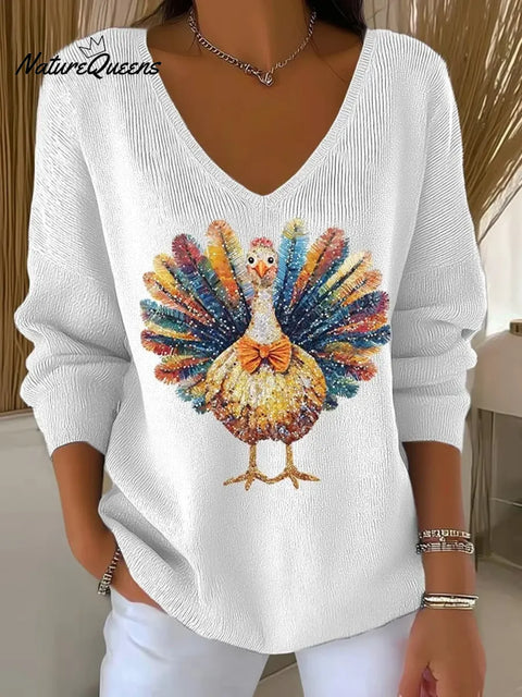Women's Thanksgiving Turkey Pattern Art Print Casual V-Neck Sweater