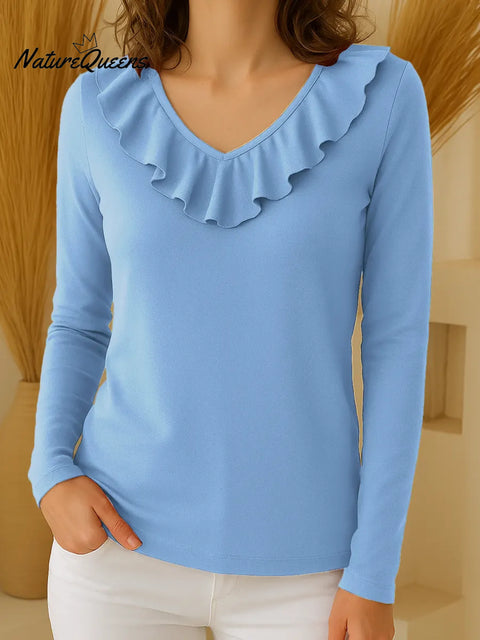 Women's Solid Color V-Neck Long Sleeve Ruffle Pullover