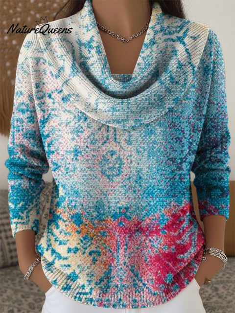 Women's Color Gradient Pattern Art  Print Cowl Neck Sweater