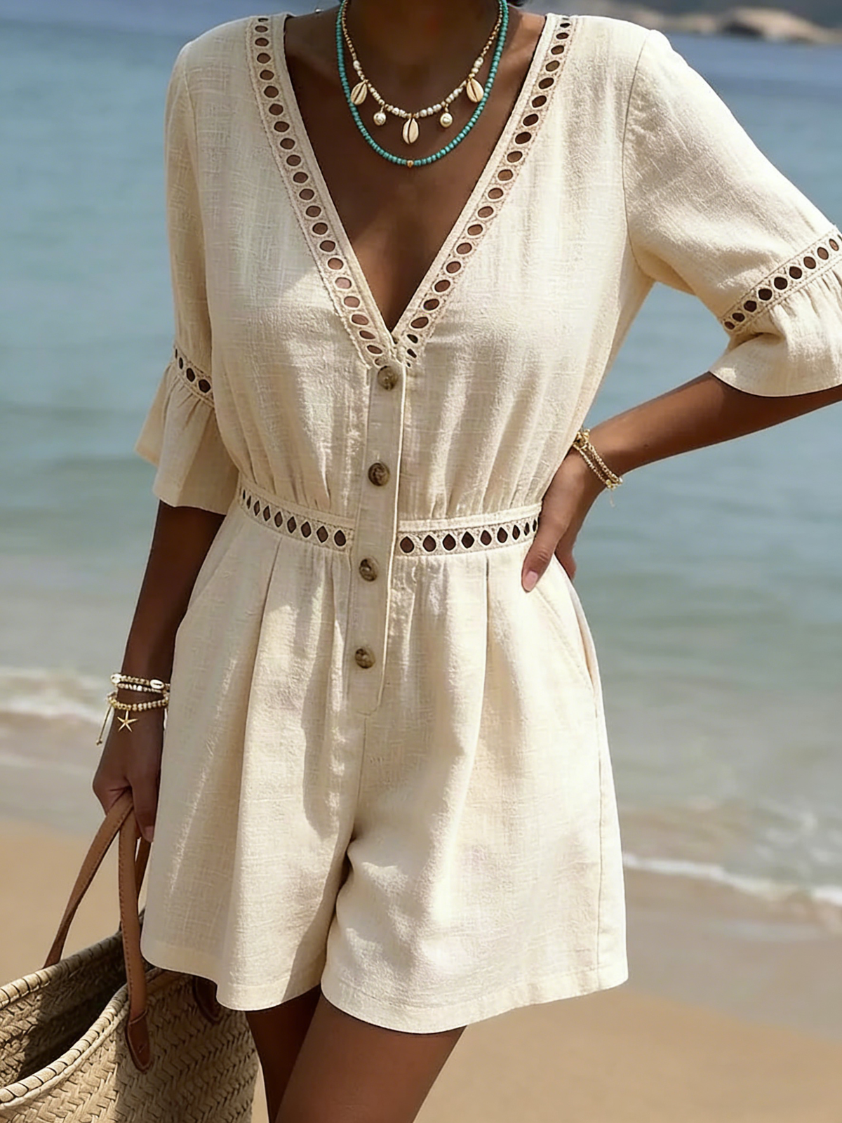 Cozy Cutout Lace Cotton-linen Short Romper Jumpsuit