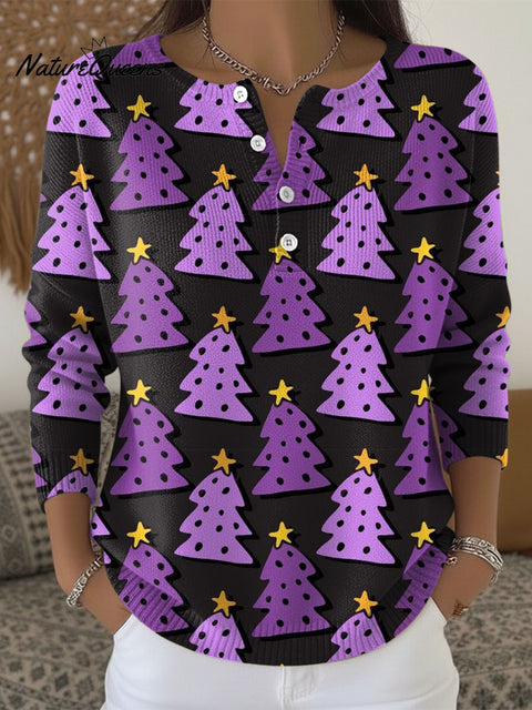 Women's Christmas Colors Trees Pattern Art Print Buttoned Cardigan Sweater