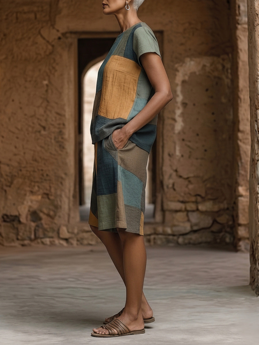 Patchwork Linen-cotton Short Sleeve Top & Wide Leg Shorts Set
