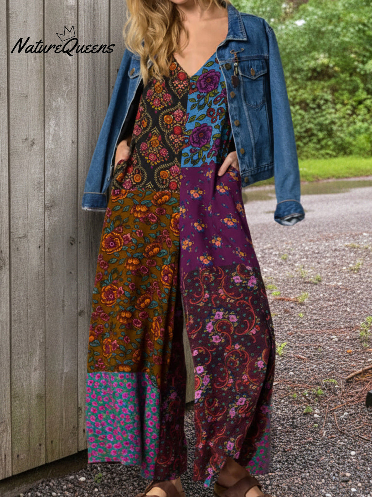 Bohemian Floral Plaid Patchwork Print Loose Jumpsuit