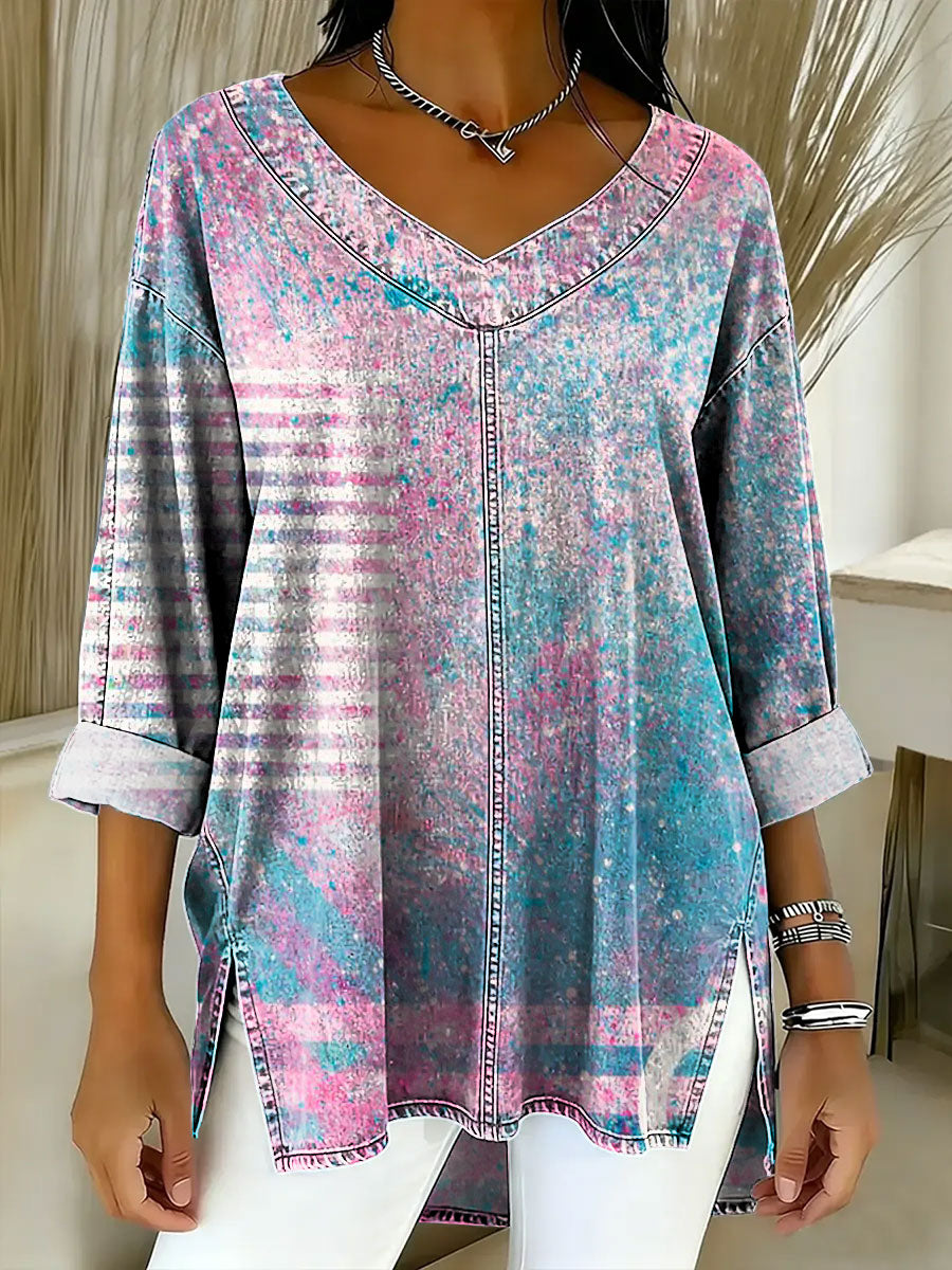 Women's Geometry Color Splicing Gradient Art Casual Washed Denim Cotton Top