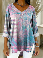 Women's Geometry Color Splicing Gradient Art Casual Washed Denim Cotton Top