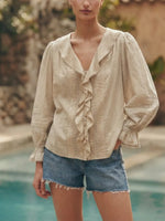 Bohemian Frill Front Button Down Shirt, Puff Sleeve Hollow Out Eyelet Peasant Blouse For Vacation Daily Wear
