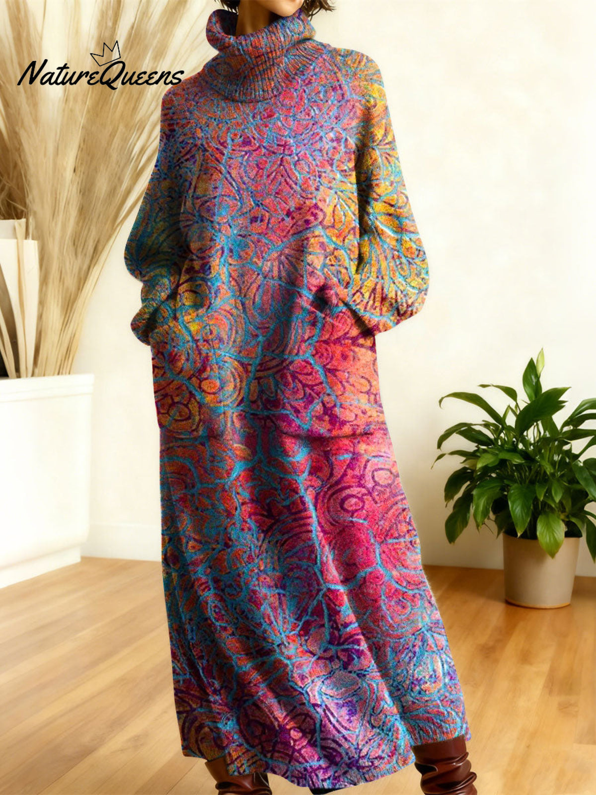 Women's Retro Color Gradient High-neck Long-sleeve Casual Loose Knit Dress