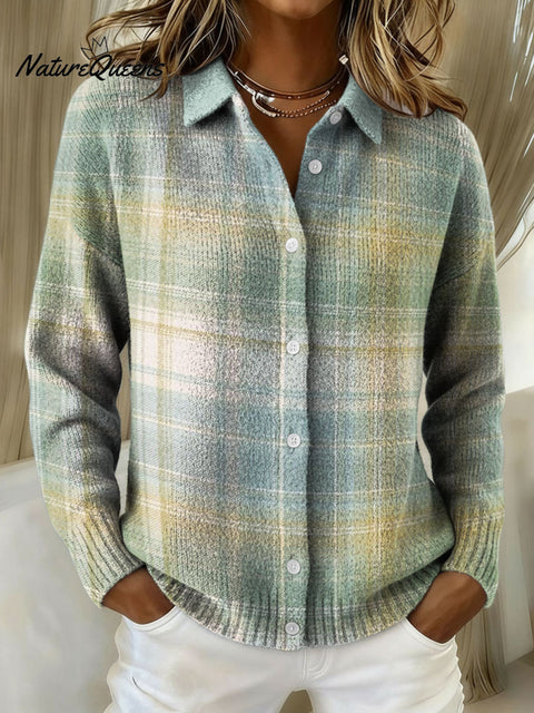 Simple Geometric Grid Decorative Pattern Casual Shirt Collar Long Sleeve Sweater