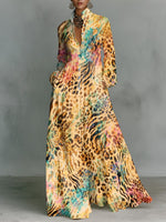 Gradient Leopard Print Stand Collar Button-down Maxi Shirt Dress