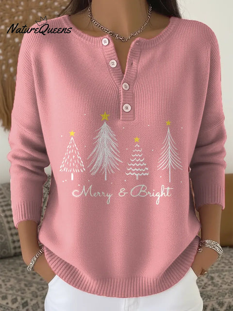 Women's Christmas Tree Pattern Art Print Buttoned Cardigan Sweater