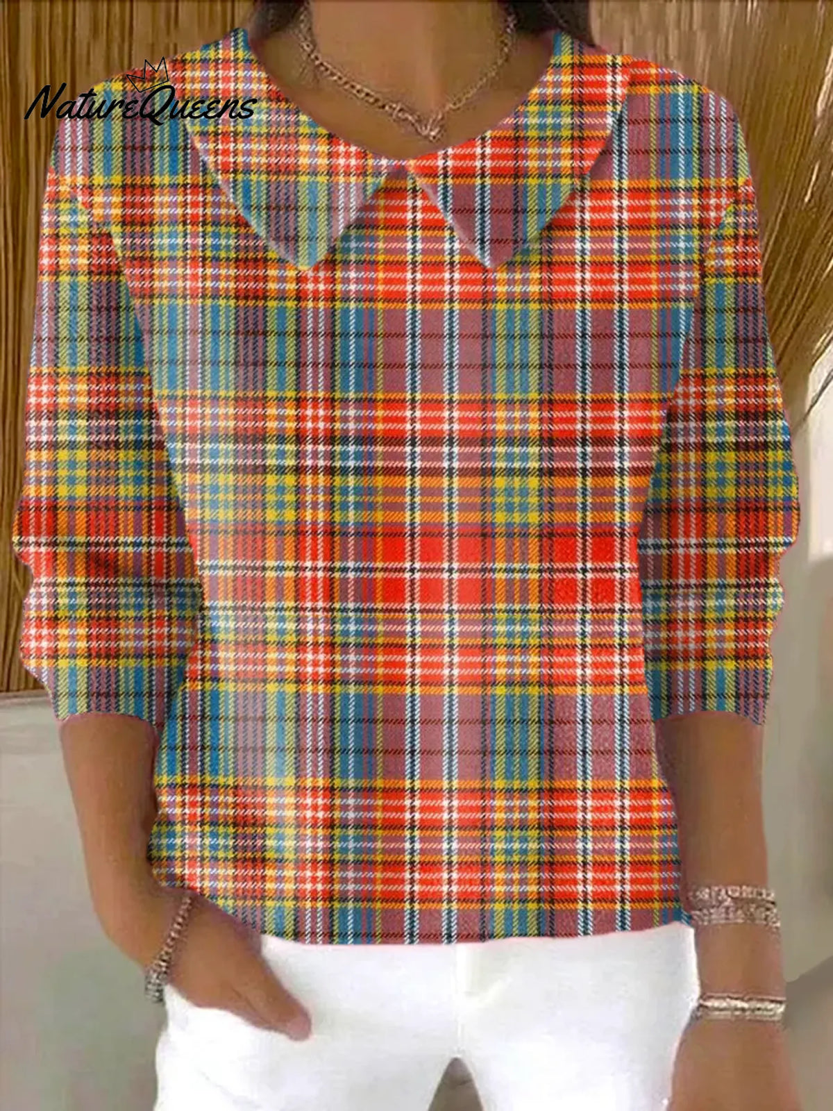 Women's Vintage PlaidPrint Casual Peter Pan Collar 3/4 Sleeve Sweater