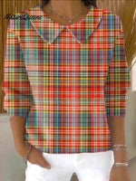 Women's Vintage PlaidPrint Casual Peter Pan Collar 3/4 Sleeve Sweater