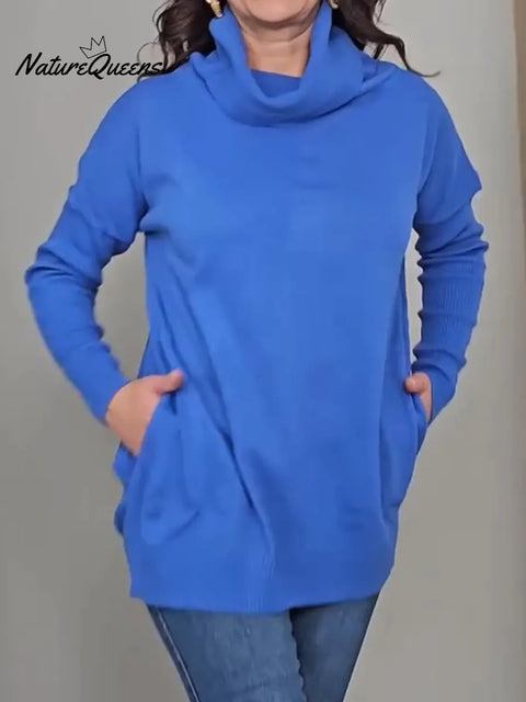 Women's Solid Color High Neck Long Sleeve Casual Loose Knit Top