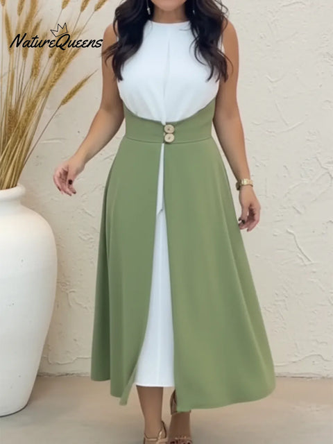 Elegant and fashionable fake two-piece color-blocked midi dress
