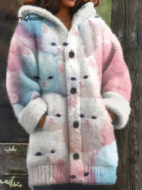 Women's Funny Cats Pattern Art Print Casual Fleece Coat