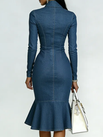 Elegant Zippered Ruffled Hem Denim Midi Dress