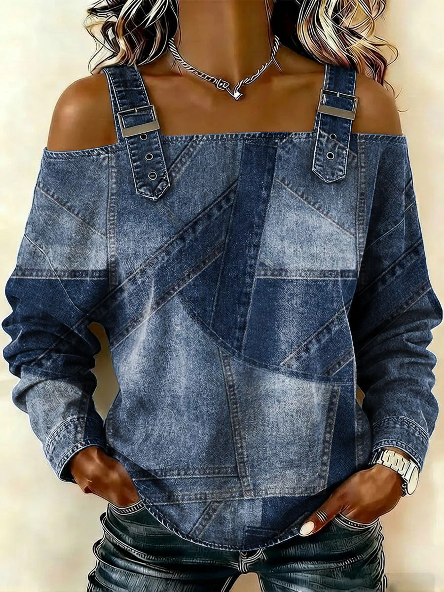 Women‘s Patchwork Pattern Print Casual Cotton Denim Shirt
