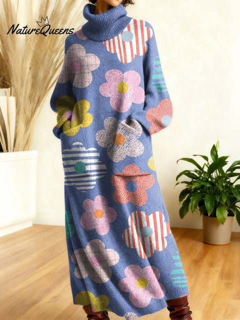 Women's Retro Floral Flowers High-neck Long-sleeve Casual Loose Knit Dress