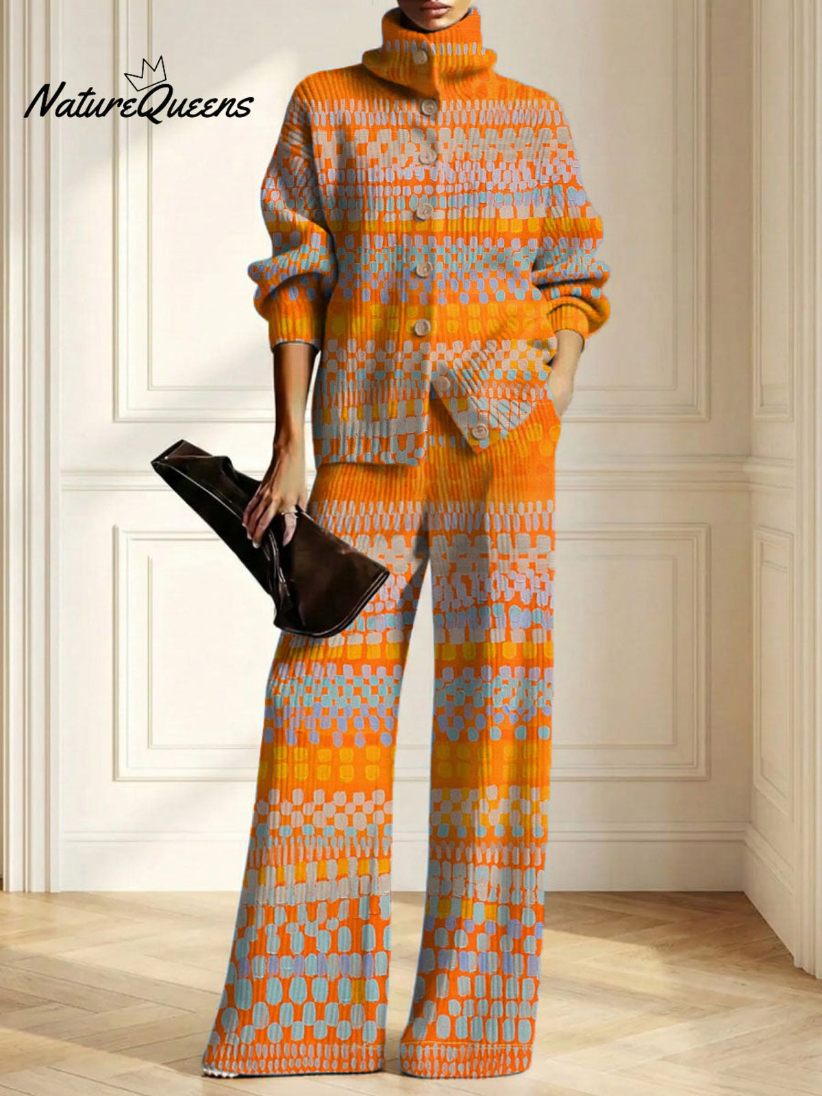 Women's Abstract Pattern Art Print Casual Cotton Knitted Suits