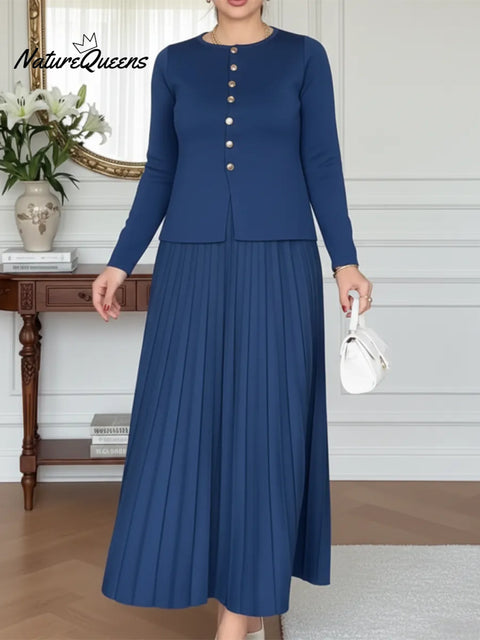 Elegant Knit Top With Metallic Buttons And Pleated Skirt Two-piece Set