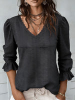 Women's V-neck Openwork Casual Mid-sleeve Shirt