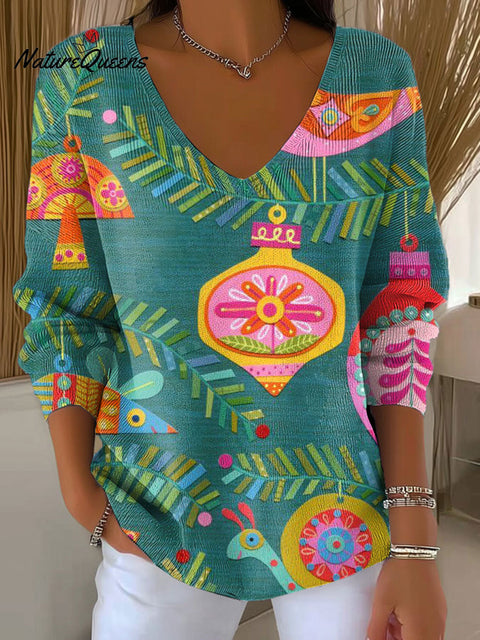 Women's Christmas Pattern Snow Lanterns Art Pattern Art Print V-neck Solid Color Loose Shiny Sweater