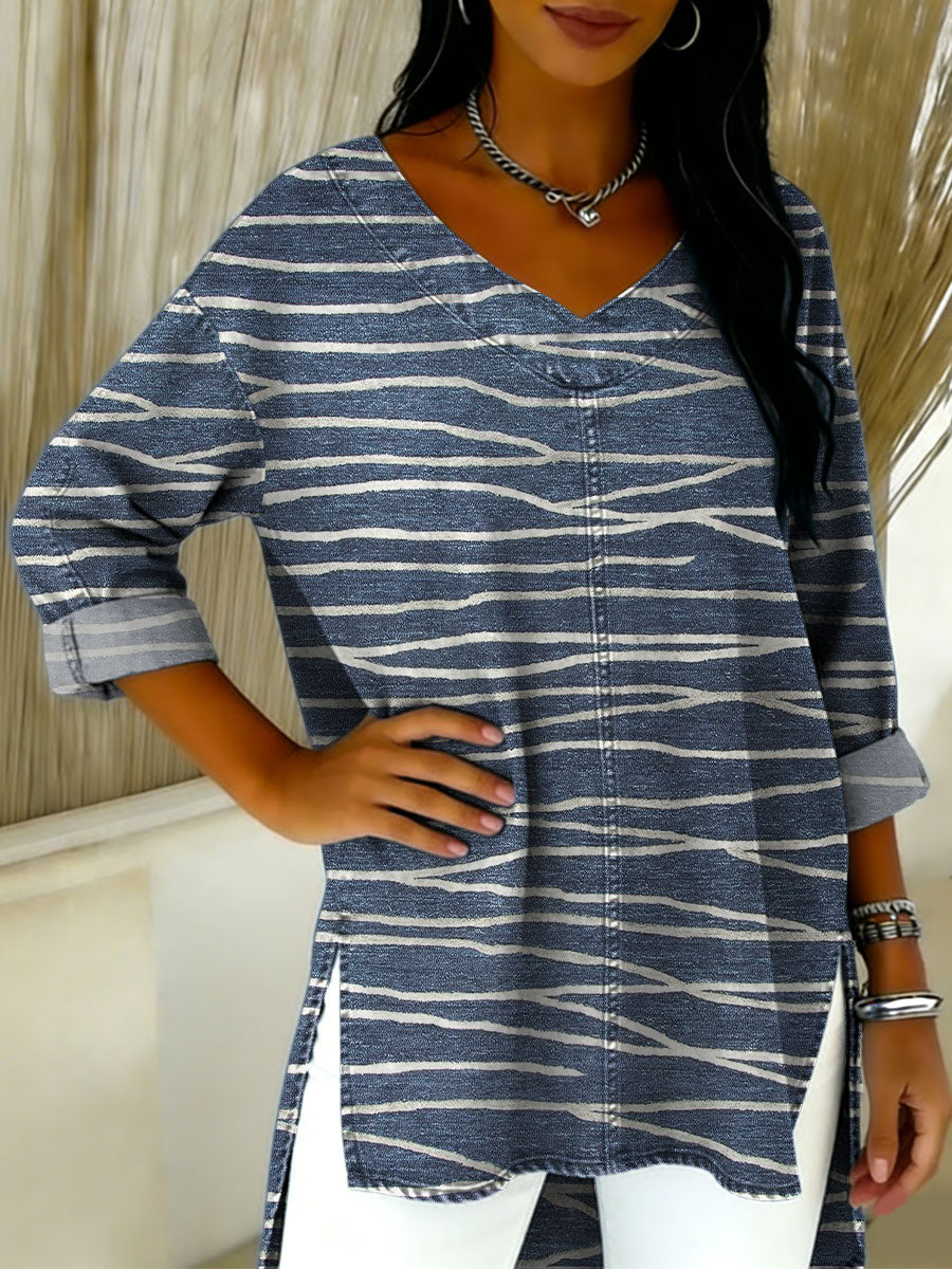 Denim Blue Striped Decorative Pattern Women's Casual V Neck Collar Shirt