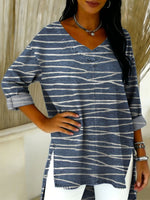 Denim Blue Striped Decorative Pattern Women's Casual V Neck Collar Shirt
