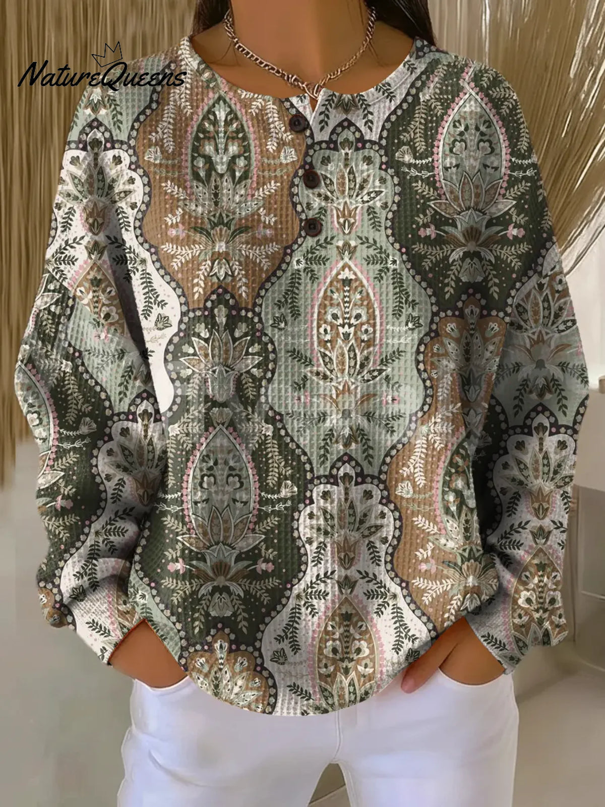 Women's VintageFlowers Pattern Art Print Casual Waffle Sweatshirt