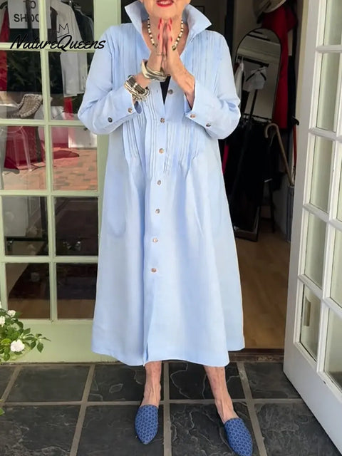 Women's Solid Color Collared Long-sleeved Casual Pleated Loose Cotton Dress
