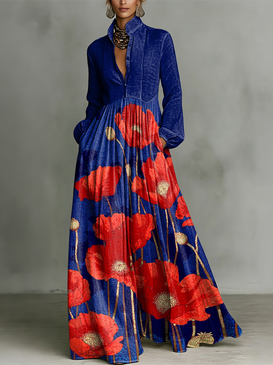 Elegant Color-blocking Floral Pattern Women's Long Sleeve Shirt Collar Dress