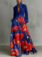 Elegant Color-blocking Floral Pattern Women's Long Sleeve Shirt Collar Dress