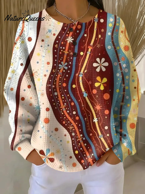Women's Abstract Floral Pattern Art Print Casual Waffle Sweatshirt