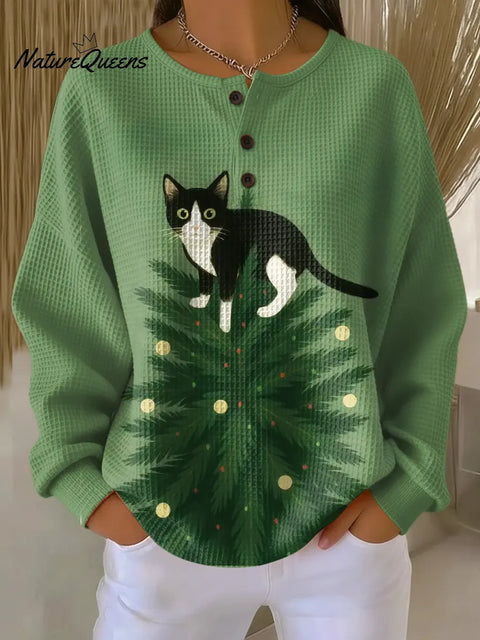 Women's Funny Christmas Cat Pattern Art Print Casual Waffle Sweatshirt