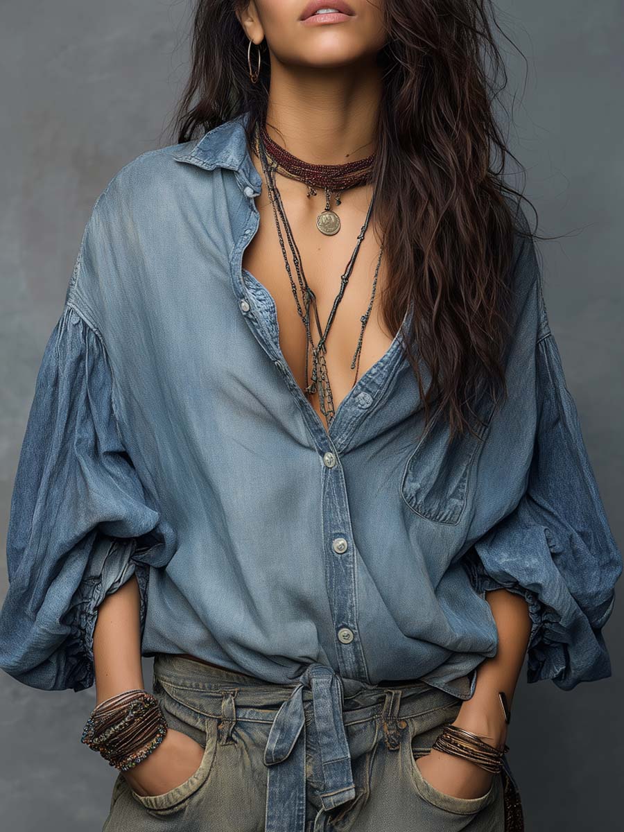 Women's Lantern Sleeve Denim Shirt