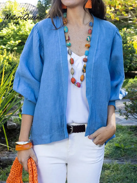 Women's Solid Color Cardigan Collar Long Sleeve Casual Loose Cotton Linen Cardigan